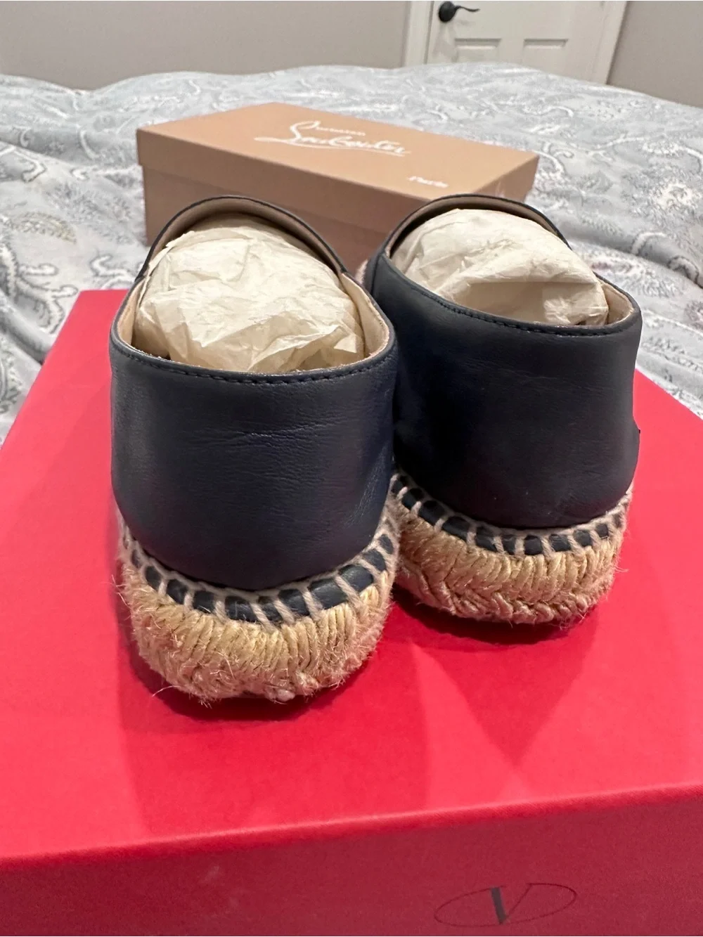 CHANEL Navy Leather Espadrille Slip-Ons with Double C Logo